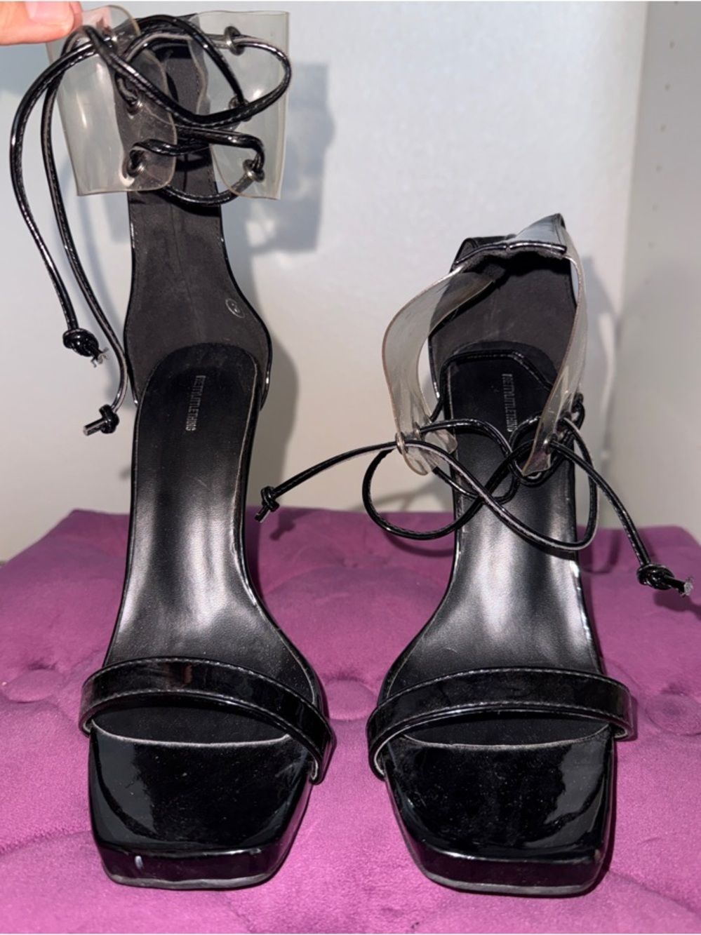 Black Lace-Up Clear Ankle Strap Heels